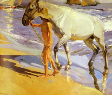 動物 Painting - ホアキン・ソローリャとバスティダ「馬のお風呂」